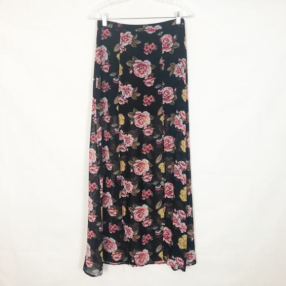 Dark Floral Maxi Skirt Chiffon Front Slits Romantic Coquette Dark Fairy Event - Picture 2 of 11